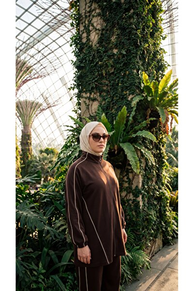 Wovi Moda Women's Khaki Stand Collar Zippered Tunic and Striped Trousers Two-...