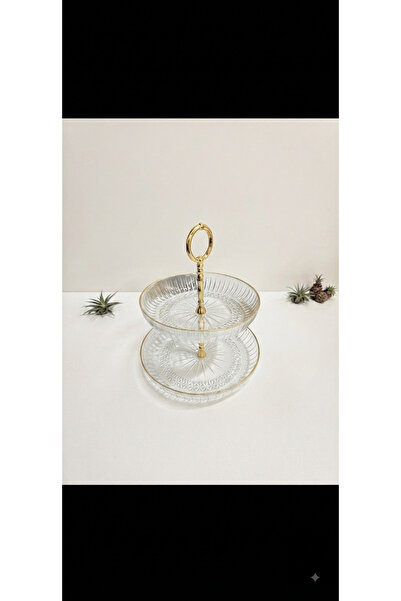 Genel Markalar Kristal Cam ve Altın Detaylı 2 Katlı Sunum Standı - 25 cm