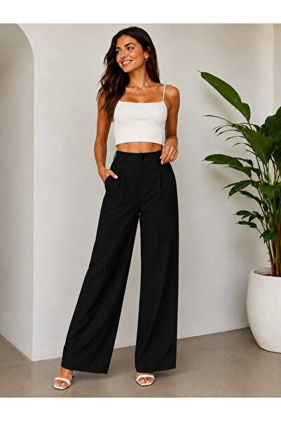 GİYİYORUM Women's High Waist Wide-Leg Pants/Classic Cut with Pockets