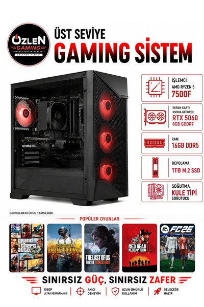 ÖZLEN X88 RYZEN 5 7500F RTX 5060 8GB 16GB DDR5 RAM 1TB M.2 SSD Oyuncu Bilgisa...