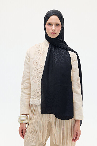 cs camellia scarf Ιταλικό σάλι ζακάρ με σχέδιο λεοπάρ - Μαύρο