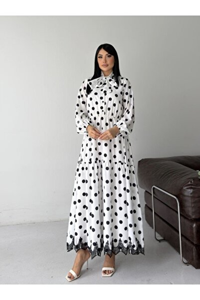 NEW JOURNAL Women's White Crepe Fabric Polka Dot Bow Collar Maxi Dress Jen2678