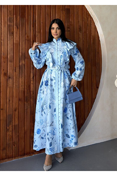 NEW JOURNAL Women's Blue Chokella Fabric Ruffle Detailed Belted Maxi Dress Je...