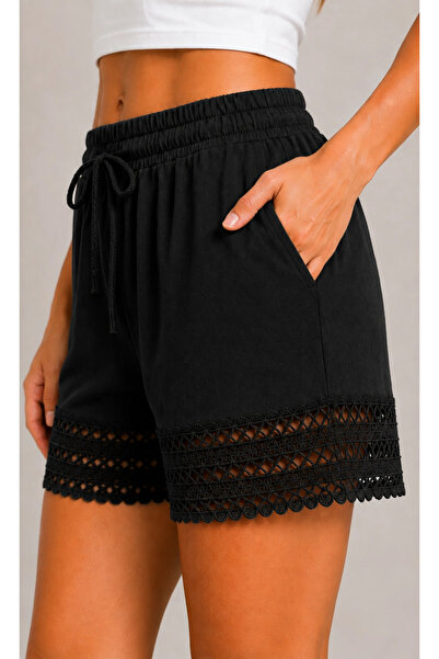 MetuCA Women's Black Lace Lace-Up Cotton Linen Bohemian Shorts with Elastic W...