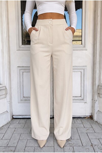 BİKELİFE Women's Beige Relaxed Fit Wide Leg Lycra Pants