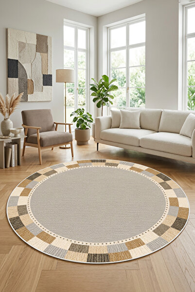 Decomia Home Dijital Kaymaz Yıkanabilir Yuvarlak Renkli Salon Halısı Mutfak H...