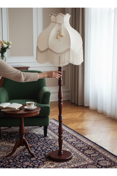 Dekovien Ekru Kadife Başlık Kahverengi Ahşap Ayak Lambader Vintage Model 170x...