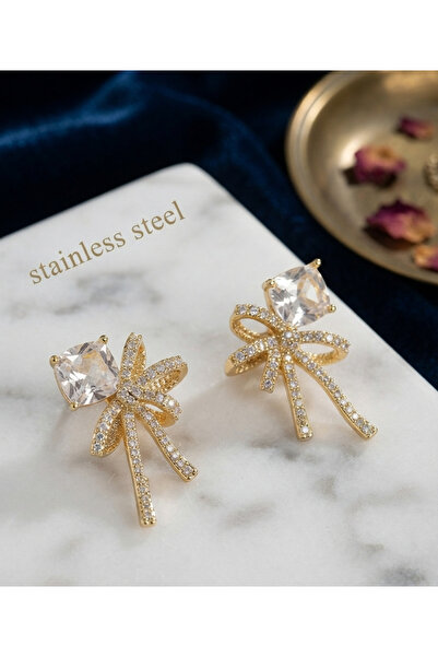 stainless steell Brass Gold Color Zircon Stone Ribbon Model Earrings