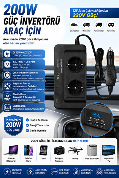 pazariz 200W Araç Güç İnvertörü 12V-220V Dönüştürücü, 2 Priz 4 USB, Dijital Ekran, Soğutma Fanı, Çakmaklık Girişli, Hızlı Şarj ve Güvenli Koruma, Telefon Laptop İçin Taşınabilir İnverter