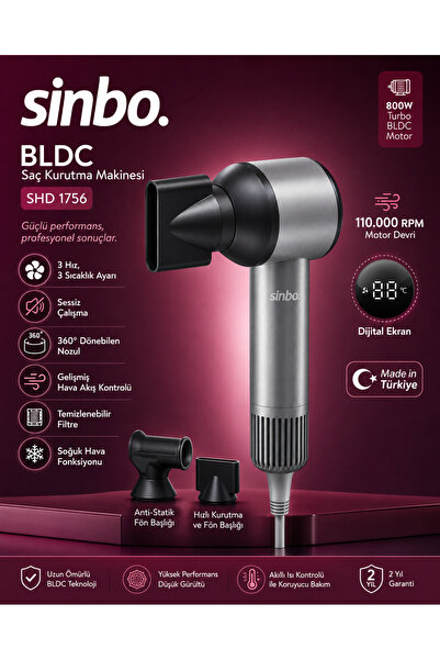 Sinbo 800W BLDC Saç Kurutma Makinesi 110.000 RPM Dijital Ekran 3 Hız 3 Isı