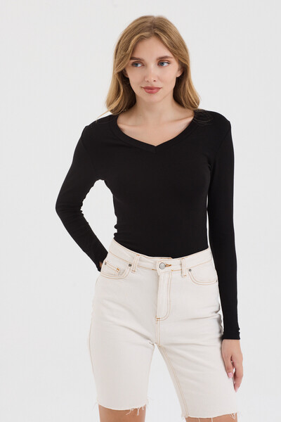 MODiSCHO Women's Black V-Neck Slim Fit Finger-Loop Ultra Soft Flexible Lycra Cotton Basic Body&Blouse
