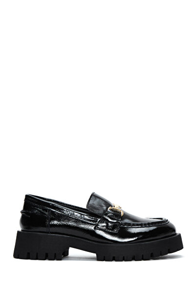 Derimod Women's Black Buckle Thick Soled Patent Leather Masculine Loafer Af19...
