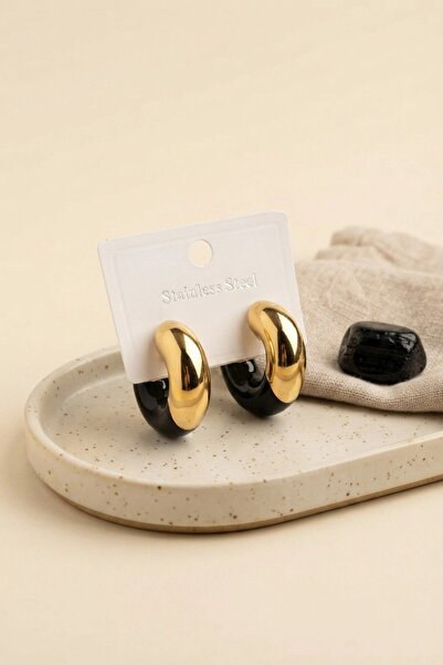 TakÇalıştır 316L Steel Gold Color Black Ring Model Women's Earrings