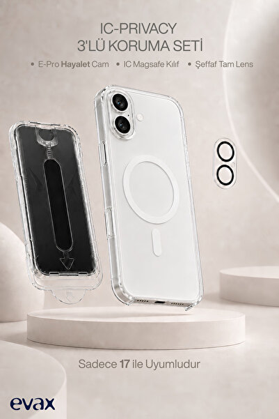 Evax [IC-PRIVACY SET] iPhone 17 Uyumlu Aparatlı Hayalet Cam, IC Sert Şeffaf S...