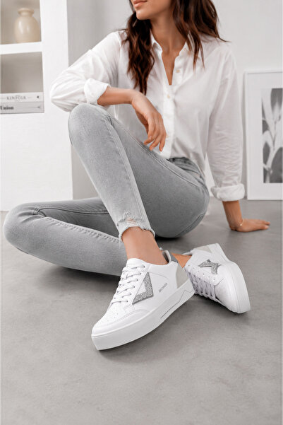 Ayakkabı Vakti Women's White Silver Glitter Detailed Thick Sole Casual Sports...
