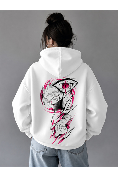 ZAVIXO Unisex Oversize Kapüşonlu Sweatshirt Göz ve Karakter Figürlü Pembe Büy...