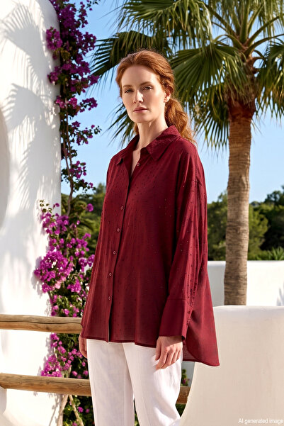Merwishop Merwish Stone Detail Cotton Shirt 1653 Claret Red