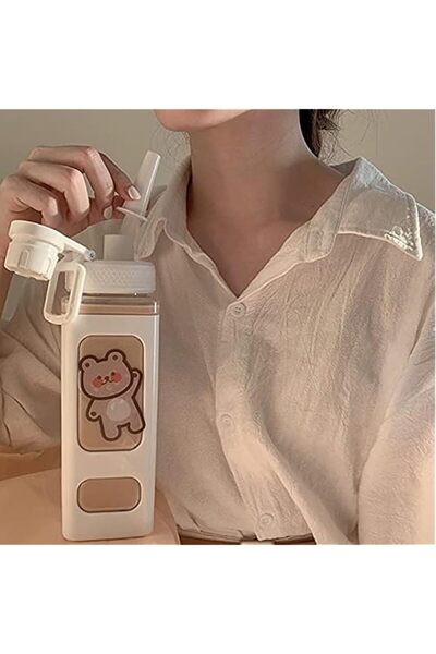 Generic JQWSVE Kawaii Bear Water Bottle with Straw and Sticker, Large Sport P...