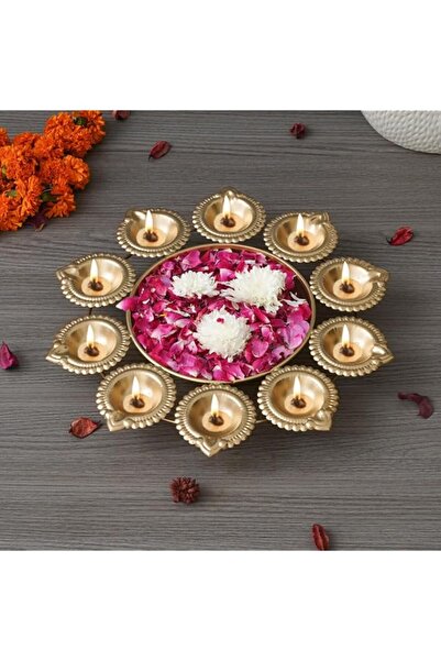 Generic eCraftIndia Golden Metal Handcrafted Designer Urli with 10 Diyas - El...