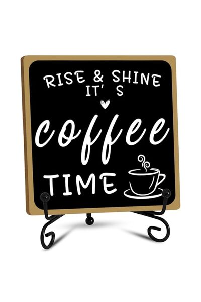Generic Wooden Coffee-Themed Sign with Durable Iron Stand, Vintage Black & Wh...