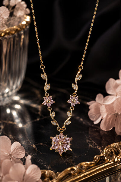 Sylvera Shop V Model Luxury Steel Necklace with Pink Stone, Ivy Star Flower F...