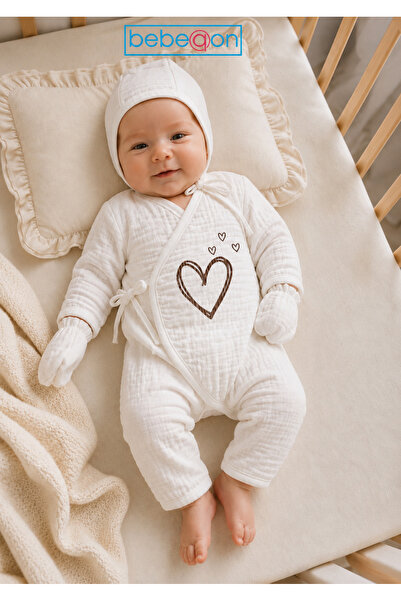bebeqon 3 Piece 100% Cotton Muslin Ecru Heart Printed Double Breasted Hospita...