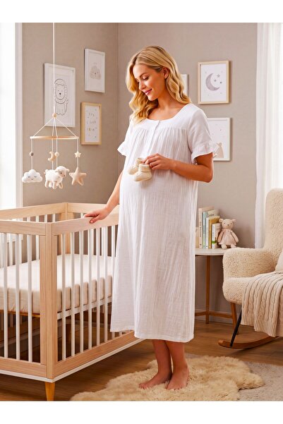 Lohusa Homewear New Season Ecru Muslin Fabric Design with Easy Breastfeeding ...