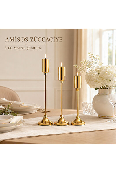 AC AMİSOS Amisos 3’lü Uzun Silindir Metal Şamdan Seti Dekoratif Mumluk Gold G...