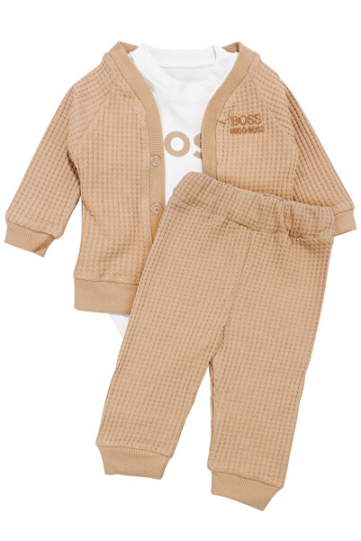 bebegen Baby Boy Ecru Beige Buttoned Cardigan Embroidered 3-Piece Set