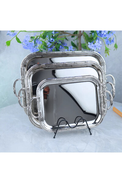 Al Hadaya Mall Stainless Steel Rectangular Tray Set with Luxury Design - Silv...