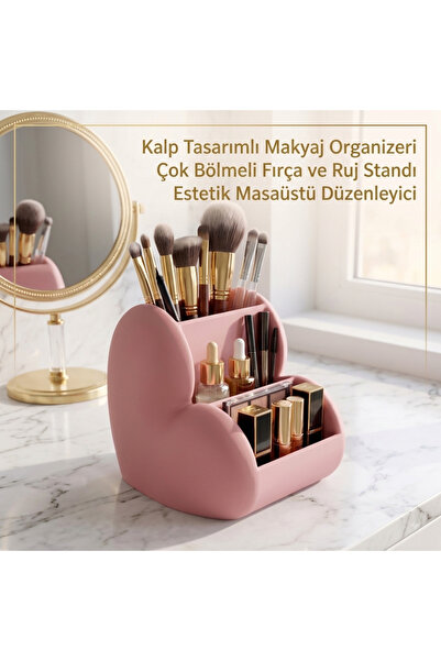 Genel Markalar Kalp Tasarımlı Çok Bölmeli Makyaj Organizeri – Pembe Fırça, Ru...