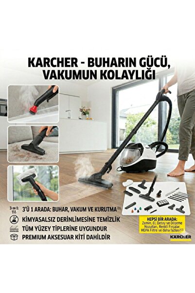 Karcher Buharlı Elektrikli Süpürge 2200 W 4 Bar Buhar Su Filtreli HEPA Süpürm...