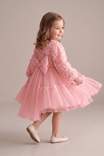 ALYRA Baby Girl Long Sleeve 3D Rose Tulle Princess Evening Dress Birthday Wed...