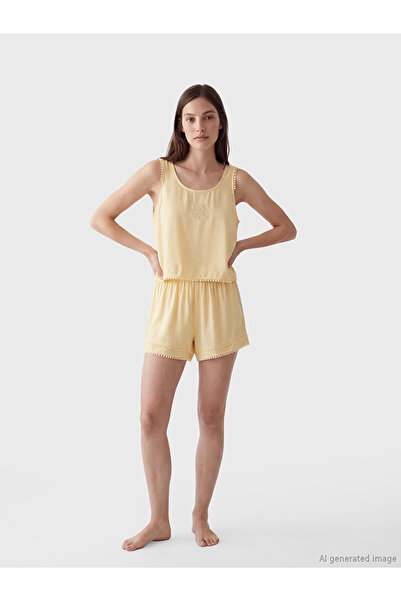 LC Waikiki Lcw Dream Yellow U-Neck Embroidered Women's Shorts Pajama Set