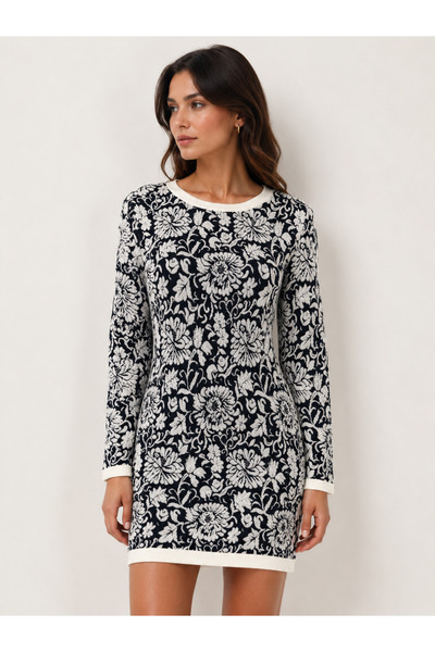 Neden Tekstil Women's Black and White Floral Patterned Knitwear Mini Dress
