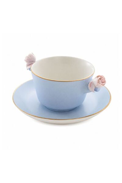 GÜMRÜK BEY Villari Baby Blue-Pink Çay Fincanı & Tabağı | İtalyan El Yapımı Po...