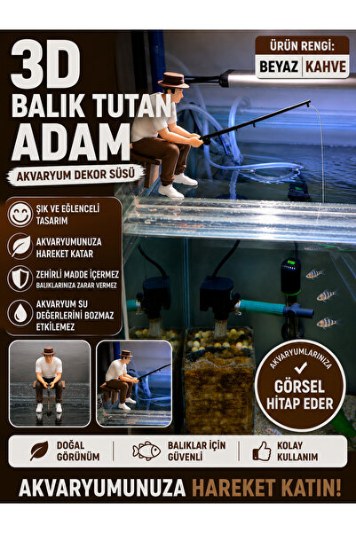🎣 3D Balık Tutan Adam – Akvaryum Dekor Süsü (Beyaz/Kahve Rengi)