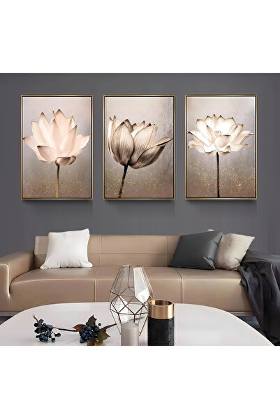 EMYA HOME Σετ 3 τεμαχίων από καμβά με χρυσό μεταλλικό πλαίσιο και λουλούδια λ...