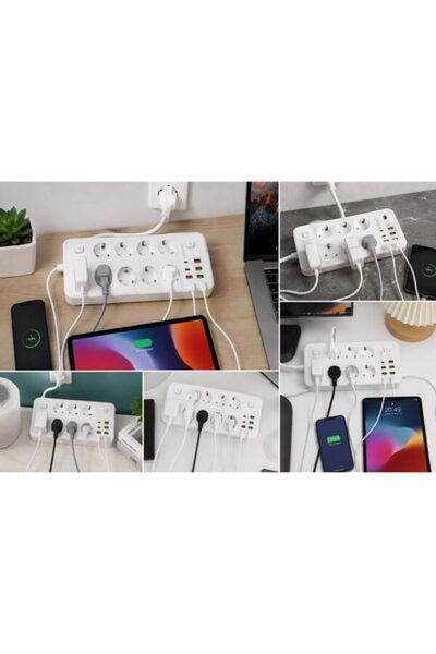 Kadı Prelungitor cu 8 prize Schuko, 4 USB-A + 2 USB-C, 2500 W, 10 A, Cablu de cupru