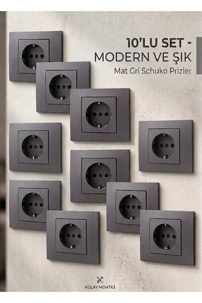 Senipa Grano Füme Topraklı Priz Seti 10'lu Ekonomik Paket - Çerçeve Dahil (Schuko)