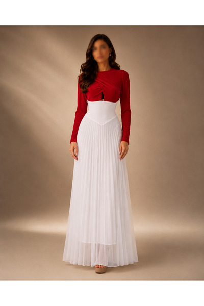 Generic White Soft Pleated Occasion Dress with Red Long Sleeve Bolero