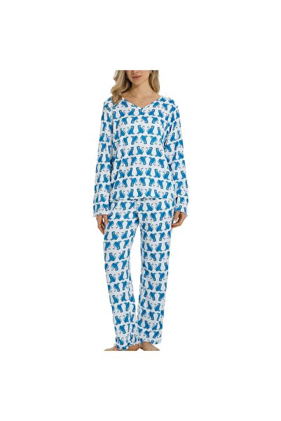 OEM Set de pijamale de damă, cu decolteu în V, reiat, cu imprimeu animal, din...