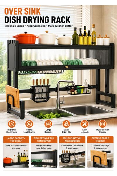 TSUMAB 95cm Over-Sink Dish Drying Rack with Cover – Large Capacity Carbon Steel Kitchen Organizer with Top Shelf, Knife Holder, Cutting Board Holder & Accessories, Black