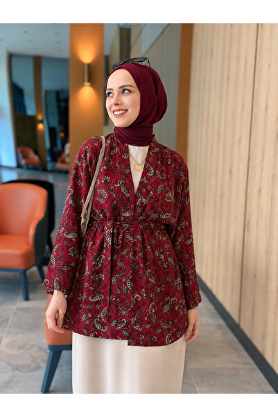 TESETTÜREVİM Bordo Şal Desen Kimono