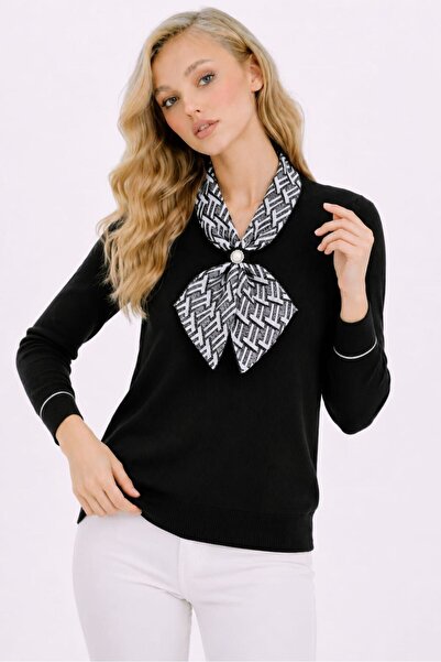 ZERELLE COLLECTİON Women's Black Knitwear Sweater with Scarf Collar Patterned Detail Long Sleeve Stylish Sweater