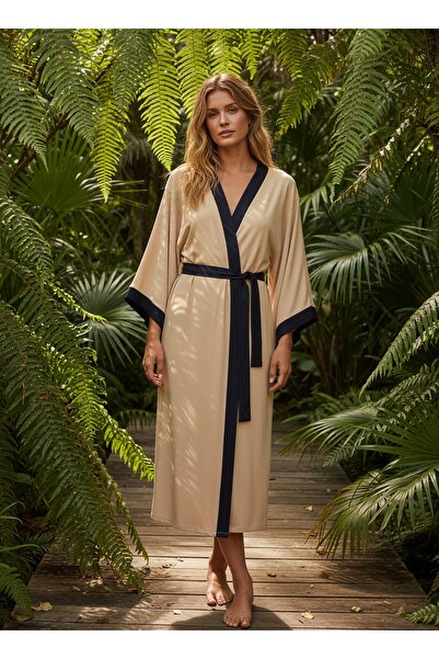 888Balance Krem Siyah Biyeli Pamuk-Keten Kimono |