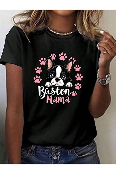 26LIK Casual T-Shirt Crew Neck-Shirt Featuring A Terrier Design With Pink Paw...