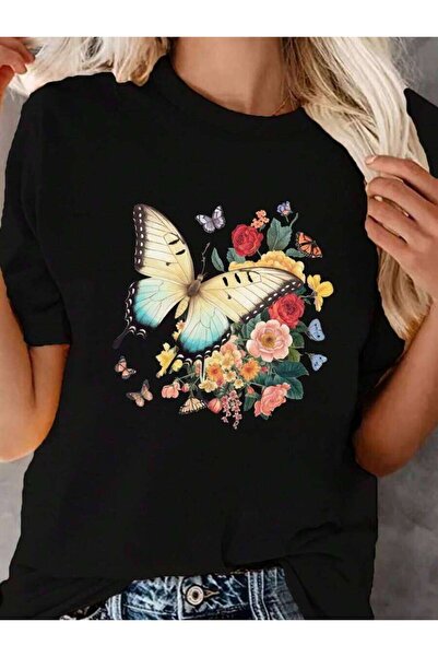 29CUN Butterfly Floral Print Crew Neck T-Shirt, Casual Short Sleeve Top For S...