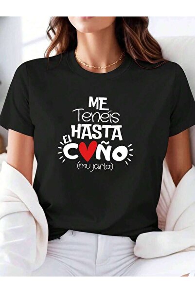 26LIK Oversized HASTA Playful Spanish Expression Theme-Shirt Women, Round Nec...