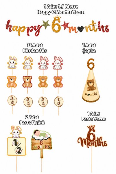 Huzur Party Store 6 Months Birthday Party Set Happy 6 Months Banner Hat Cake Decoration Toothpick Ornament Half-Year Concept